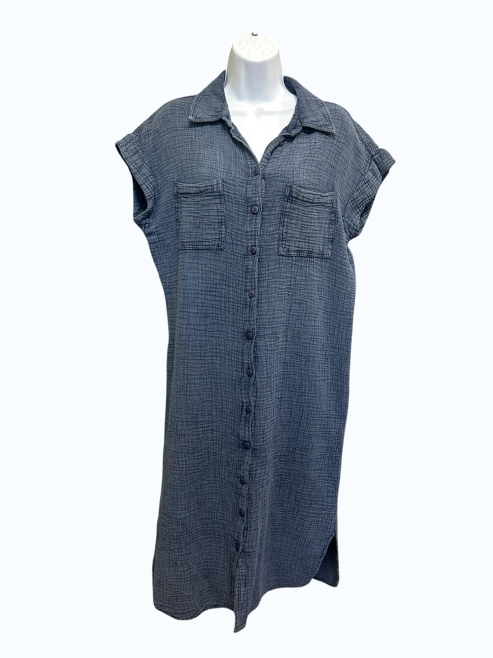 RD Style Cotton Gauze Midi Shirt Dress - Chambray Blue - Size XS - Picture 2 of 6